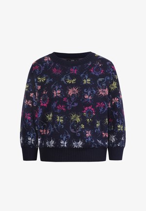 Navy blue sweater with floral pattern in pink, yellow, and blue. Features ribbed crew neckline and cuffs. Soft knit texture.