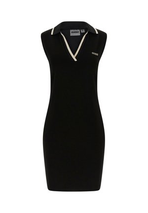 Zwarte mouwloze polojurk met witte rand aan de kraag en halslijn, met een klein wit "GUESS" logo op de borst.