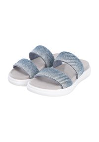 Blue slip-on sandals with two wide, textured straps featuring rhinestone detailing, and a cushioned gray footbed on a white outsole.