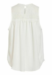 Blusa blanca sin mangas con detalle de encaje en la parte superior de la espalda y una pequeña abertura en forma de llavero cerca del escote.