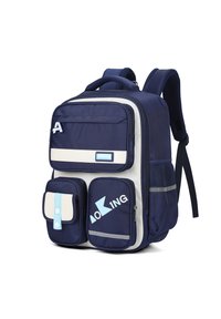 Zaino blu navy con un pannello grigio chiaro, numerose tasche con cerniera e dettagli in contrasto. È dotato di spallacci imbottiti e di una tasca laterale in rete.