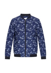 Marine bomberjack met een witte palmbomenprint, geribde manchetten en zoom, en een rits aan de voorkant. Gemaakt van lichtgewicht stof.