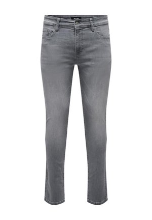 Graue Denim-Jeans mit schlanker Passform, mittlerer Leibhöhe und klassischem Fünf-Taschen-Design. Der Stoff hat eine glatte Textur mit dezenten Ausbleichungen.