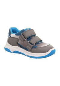 Grauer Sportschuh mit blauen Akzenten, aus Textil- und synthetischen Materialien, mit Klettverschlüssen, gepolstertem Schaft und einer weißen und blauen Gummisohle.
