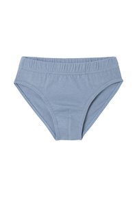 Himmelblaue Baumwollslips mit einem elastischen Bund, die eine glatte Textur und ein klassisches Schnittdesign aufweisen. Keine Muster oder zusätzlichen Akzente.