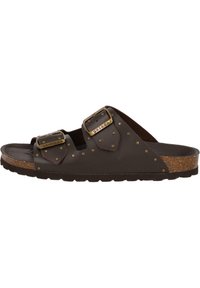 Brown leather slide sandal with two adjustable gold buckle straps, studded details, and a cork footbed. Textured rubber outsole.