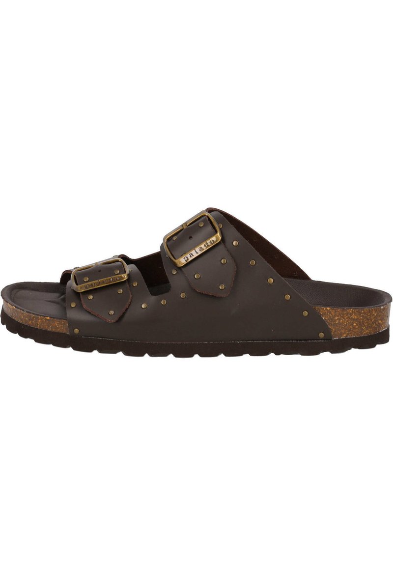 Brown leather slide sandal with two adjustable gold buckle straps, studded details, and a cork footbed. Textured rubber outsole.