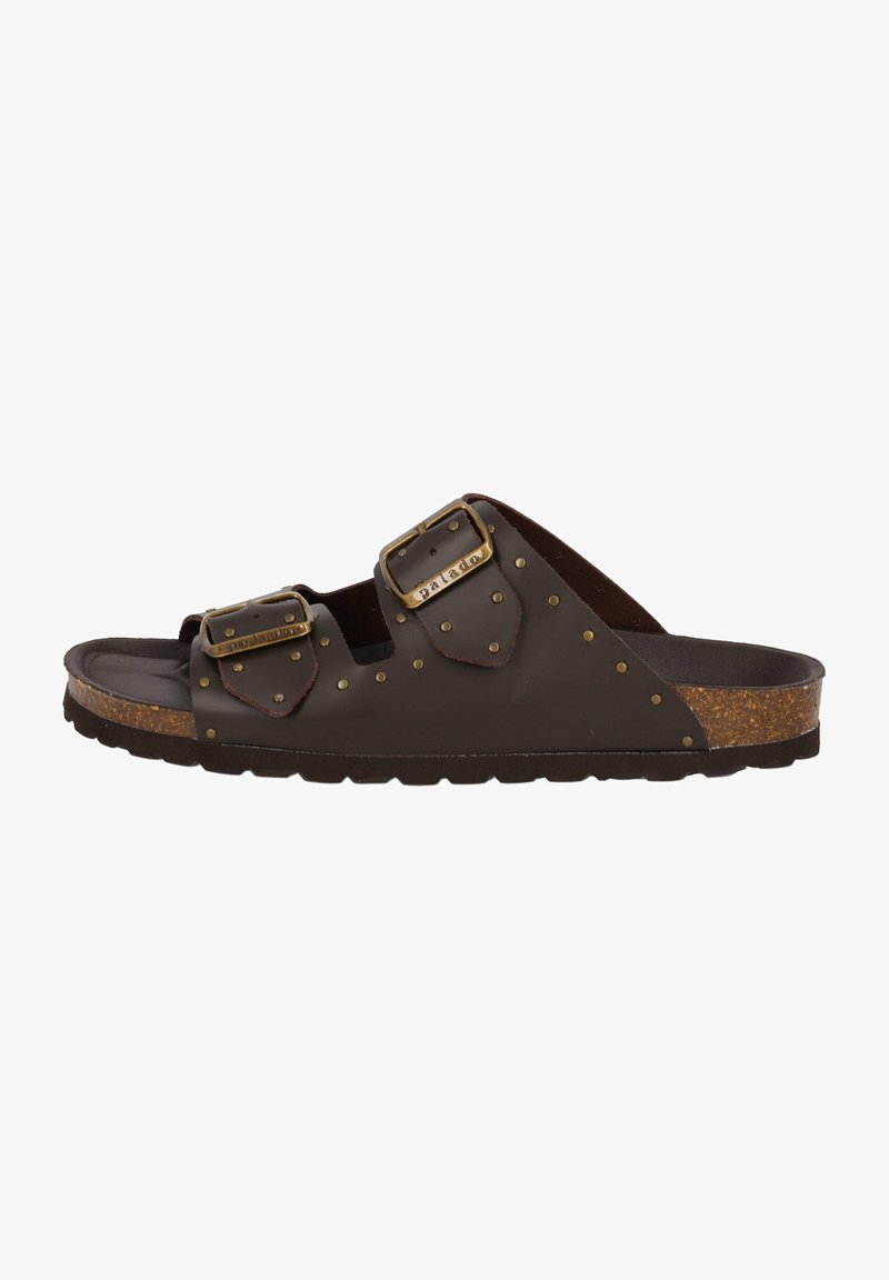 Brown leather slide sandal with two adjustable gold buckle straps, studded details, and a cork footbed. Textured rubber outsole.