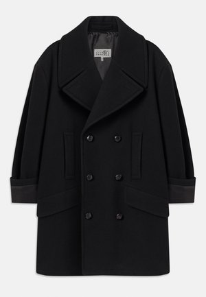 Manteau noir à double boutonnage en mélange de laine, avec de grands revers, deux poches avant et des boutons noirs brillants, avec des accents en cuir sur les poignets.