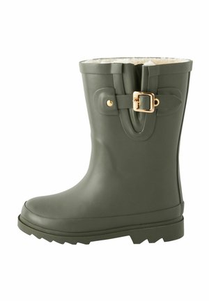 Botte de pluie en caoutchouc kaki avec une semelle plate et un profil antidérapant. Présente un accent de boucle dorée et une douce doublure en fourrure blanche sur le haut.