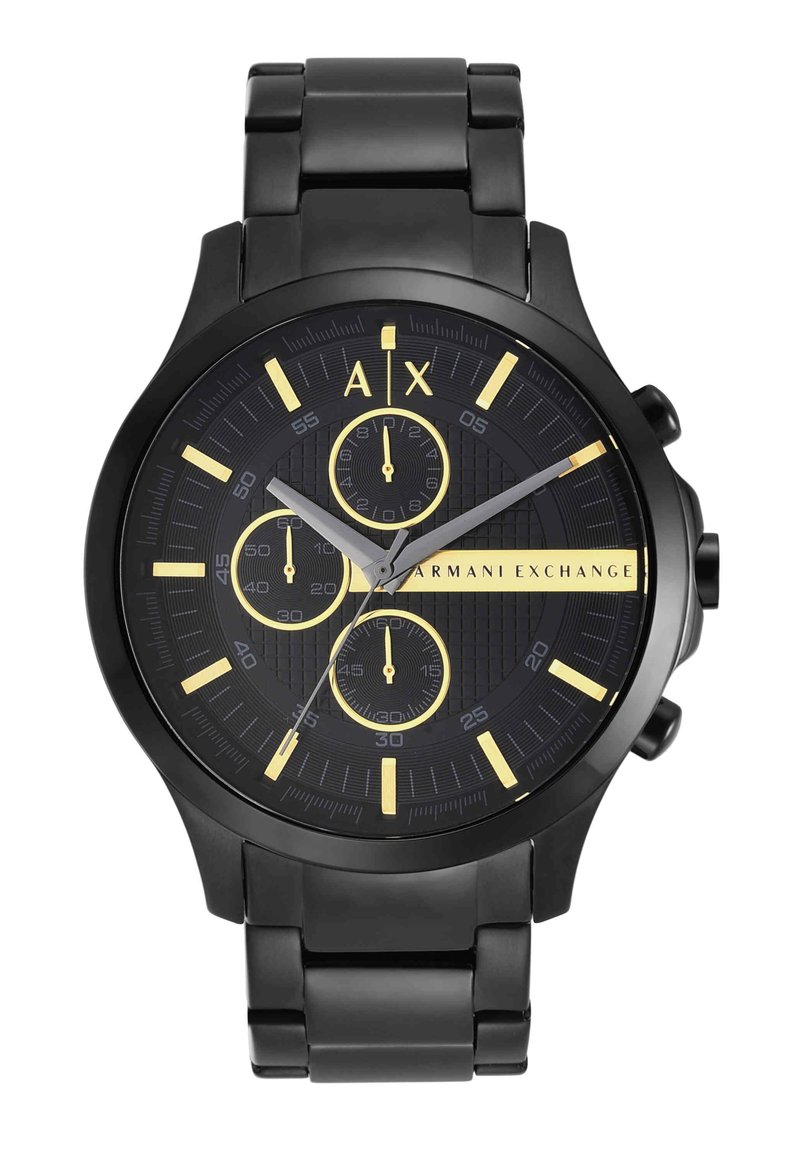 Sort Armani Exchange kronograf ur med gyldne timemarkører, tre sub-dials og en metal led-armbåndsrem.