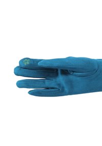 Guanto di tessuto teal con una texture liscia, cinque dita e un piccolo fiore verde ricamato sul dito indice.