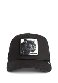 Sort kasket med netkanter har en broderet panterlappe på forsiden. Lappen har en hvid kant og fed tekst nedenfor, der står "PANTHER."