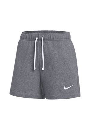 Shorts de sport gris avec taille élastique et cordons blancs, avec un petit logo blanc Nike sur la partie inférieure de la jambe gauche.