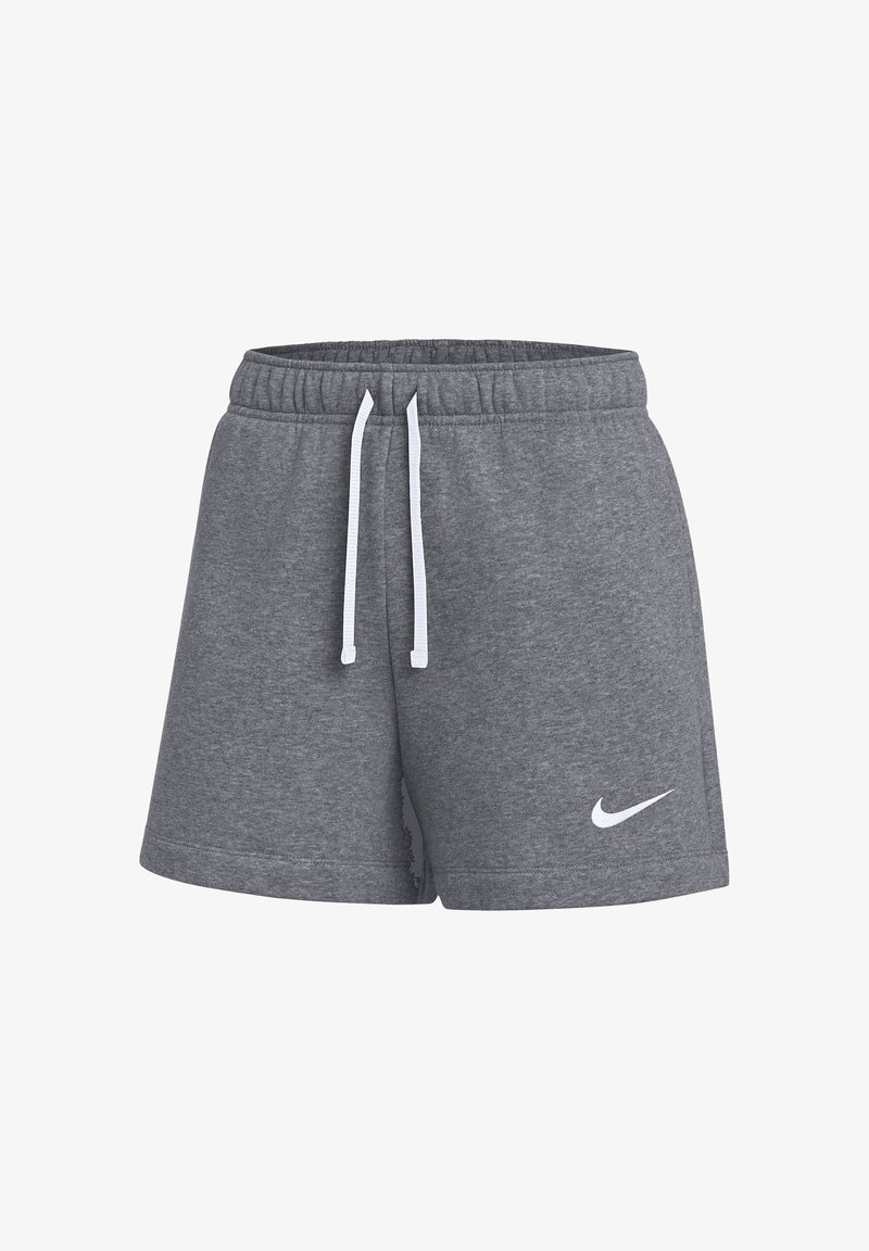 Shorts de sport gris avec taille élastique et cordons blancs, avec un petit logo blanc Nike sur la partie inférieure de la jambe gauche.