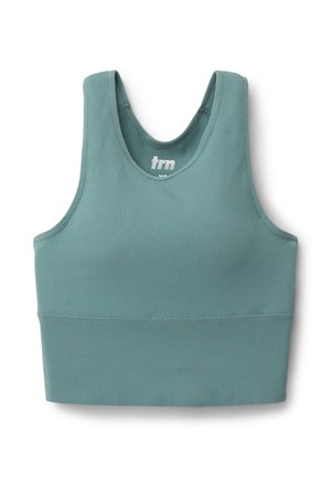 Reggiseno sportivo a coste color turchese chiaro con scollatura ampia, bordi senza cuciture e design aderente. Tessuto morbido con una leggera elasticità.