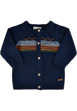 Cardigan blu navy lavorato a maglia con maniche lunghe, chiusura con bottoni e strisce orizzontali multicolori con accenti arancioni, verdi e blu.