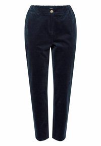 Marineblaue Cordhosen mit elastischem Bund, Knopfverschluss und Seitentaschen, taillierter Beinschnitt und weichem Material.