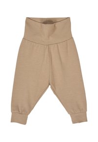 Béžové bavlněné joggingové kalhoty se širokým elastickým pasem a manžetami na kotnících. Mají volný střih a měkkou, strukturovanou tkaninu.