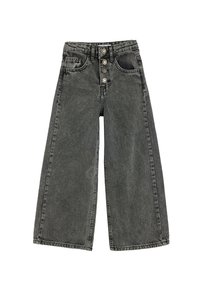 Jeans à jambes larges en denim gris foncé. Dotés d'une fermeture à cinq boutons, de passants de ceinture et de deux poches avant. La texture semble légèrement usée.