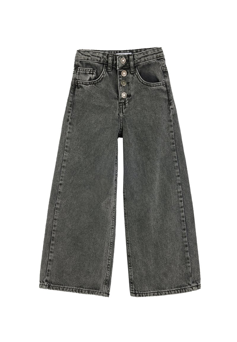 Jeans à jambes larges en denim gris foncé. Dotés d'une fermeture à cinq boutons, de passants de ceinture et de deux poches avant. La texture semble légèrement us�ée.