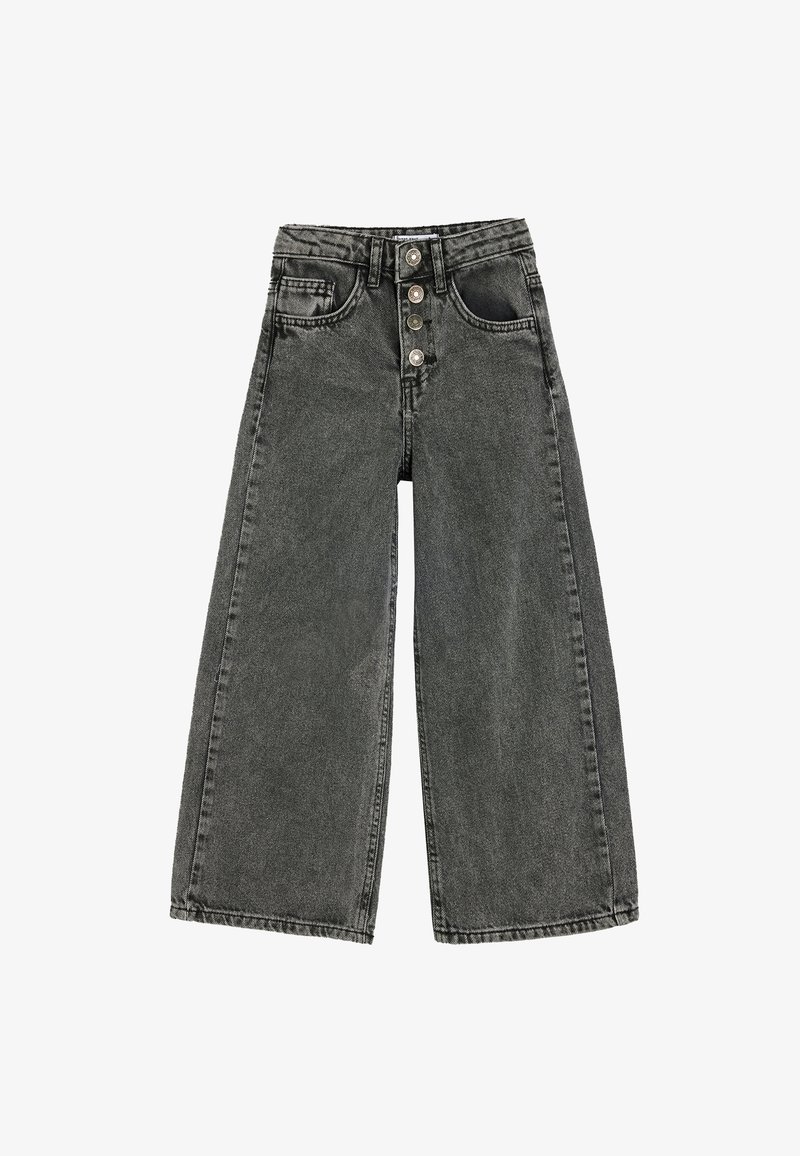 Wijde jeans van donkergrijs denim. Voorzien van een sluiting met vijf knopen, riemlussen en twee voorkep pockets. De textuur lijkt lichtjes versleten.