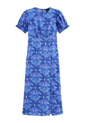 Vestido midi azul con mangas abullonadas, escote en V y patrón abstracto de flores y abanicos en tonos púrpura y turquesa.