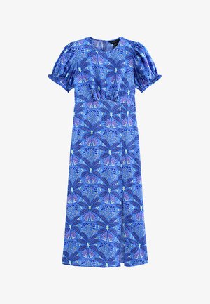 Vestito midi blu con maniche a sbuffo, scollo a V e motivo astratto floreale e a ventaglio in tonalità di viola e turchese.