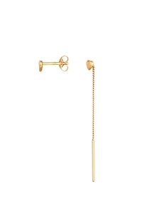 Guldplated øreringe sæt med en rund stud med lukket bagbeklædning og en hængende kæde, der ender i et hjerteformet charm.