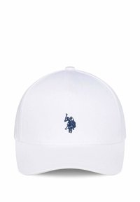 White baseball cap made of cotton with a curved brim. Features a navy blue embroidered logo on the front. Includes a top button and eyelets.
