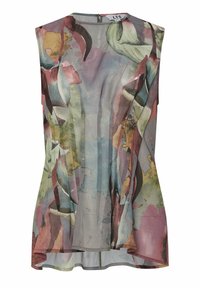 Top senza maniche realizzato in tessuto trasparente con un motivo floreale astratto in acquerello, con tonalità di verde, rosa e accenti dorati.