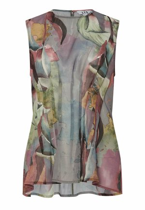 Débardeur sans manches en tissu transparent avec un motif floral abstrait aquarelle dans des tons de vert, rose et des accents dorés.