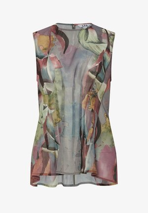 Débardeur sans manches en tissu transparent avec un motif floral abstrait aquarelle dans des tons de vert, rose et des accents dorés.