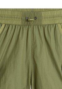Olive green shorts with an elastic waistband and drawstring. Features side pockets and a lightweight, textured fabric.