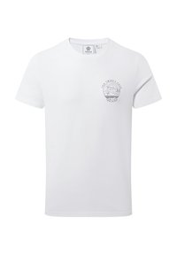 White cotton T-shirt with a round neckline and short sleeves. Features a circular graphic print on the left chest area.