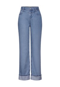 Jeans de denim azul claro con corte recto, cinco bolsillos y dobladillos. Cuenta con costuras en contraste y un cierre de botón clásico.