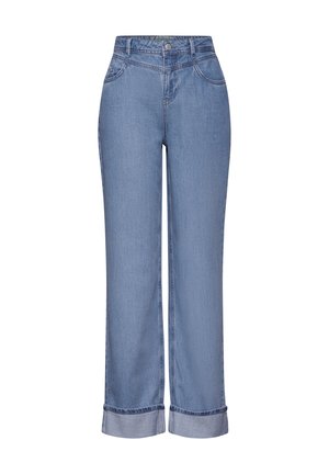 Lyseblå denim jeans med lige pasform, fem lommer og opfoldede kanter. Har kontrastsyninger og en klassisk knaplukning.