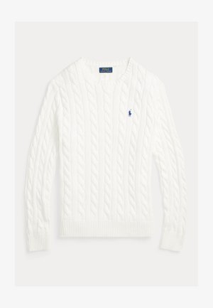 White cable-knit sweater featuring a ribbed collar and cuffs, with a small blue polo logo on the chest. Made of soft, textured material.