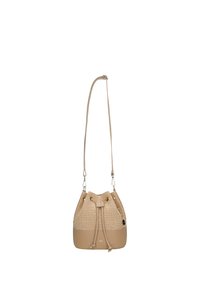 Beige kbelíková taška s pleteným slámovým vrchem, hladkým koženým spodkem, stahovací šňůrkou, nastavitelným popruhem a kovovými akcenty.