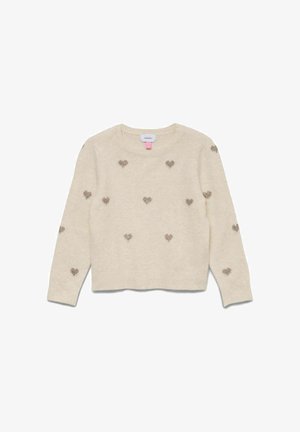 Maglione lavorato a maglia beige chiaro con scollo rotondo, caratterizzato da piccoli motivi a cuore metallici su tutta la superficie e polsini e orlo a costine.