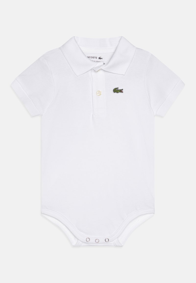 Body polo bianco a maniche corte realizzato in cotone. Caratterizzato da un colletto classico e un piccolo logo di coccodrillo ricamato in verde. Chiusura a scatto sul fondo.