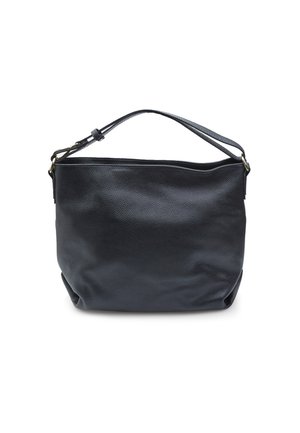 Black leather tote bag, soft texture, rounded shape, minimal design, short handle with gold hardware accents.