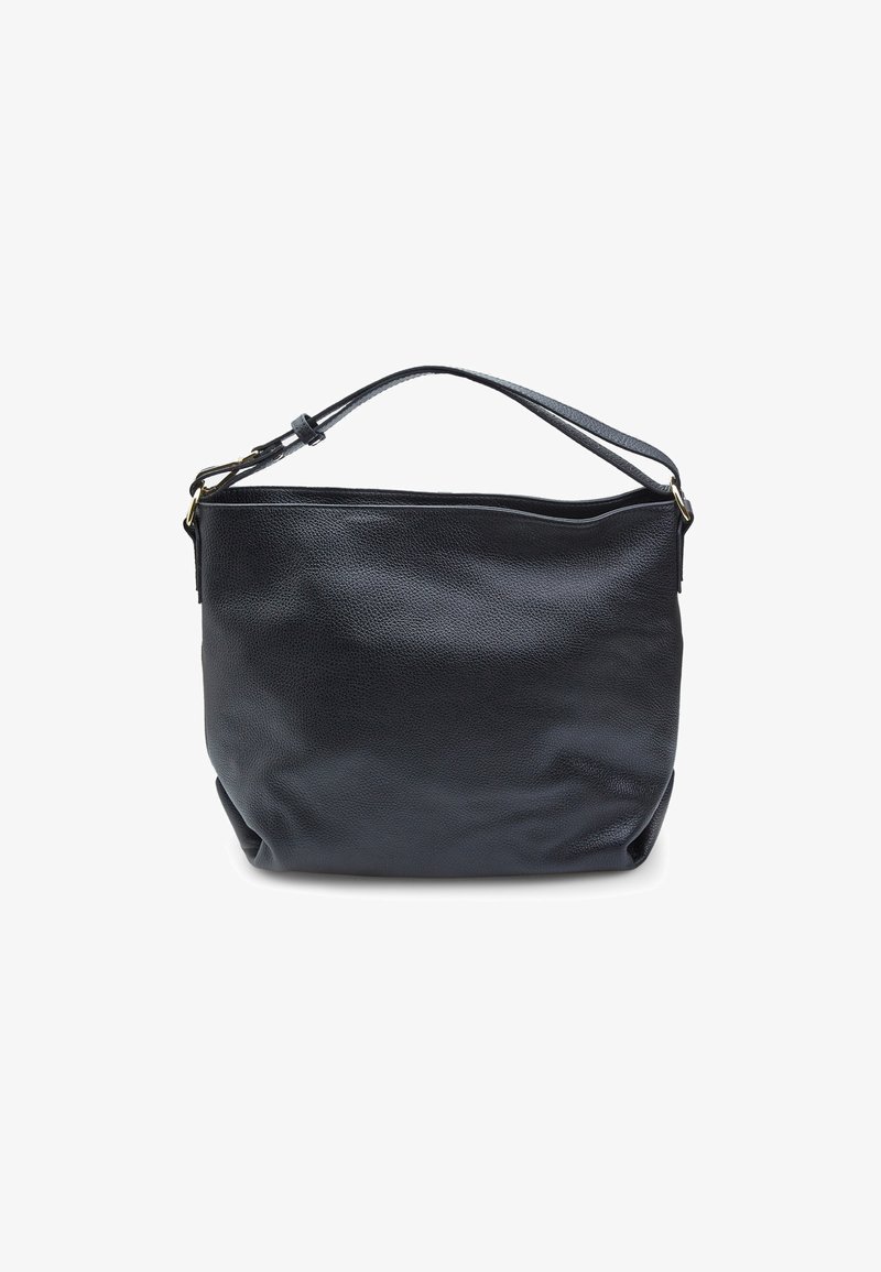 Fekete bőr bevásárlótáska, puha tapintás, lekerekített forma, letisztult dizájn, rövid fogantyú aranyszínű hardver díszítéssel.