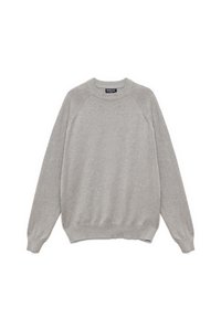 Sudadera de algodón gris claro con cuello redondo, mangas raglán y puños y dobladillo de canalé. Textura lisa sin patrones visibles.