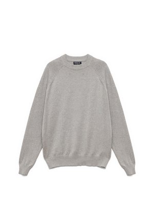 Sudadera de algodón gris claro con cuello redondo, mangas raglán y puños y dobladillo de canalé. Textura lisa sin patrones visibles.