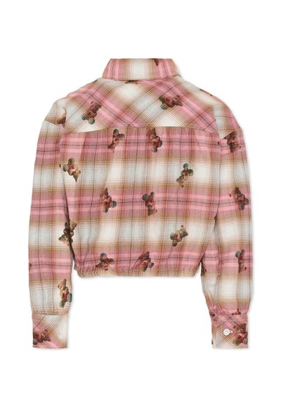 Camicia a bottoni corta con motivo a quadri rosa e fantasie di orsetti in rilievo. Materiale leggero e morbido, con colletto e polsini strutturati.