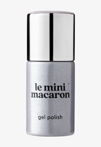 Srebrna butelka z żelowym lakierem do paznokci z metalową nakrętką, zawierająca czarny tekst "le mini macaron gel polish." Gładkie, błyszczące wykończenie.