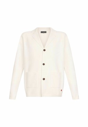 Cardigan bianco realizzato in un tessuto morbido, con colletto a revers, cinque bottoni marroni, due tasche anteriori e una piccola etichetta rossa di lato.