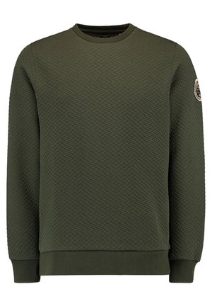Olivgrünes, gesteppter Sweatshirt mit Rundhalsausschnitt, gerippten Bündchen an Ärmeln und Saum, mit einem runden Aufnäher am linken oberen Ärmel.