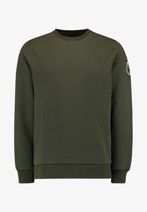 Olivengrøn quiltet crewneck-sweatshirt med ribbede manchetter og kant, med et rundt mærke på venstre øverste ærme.